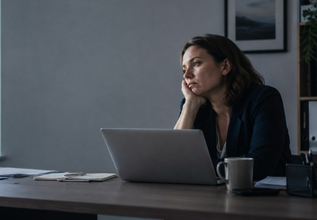 Persona agotada en su puesto de trabajo ante posibles